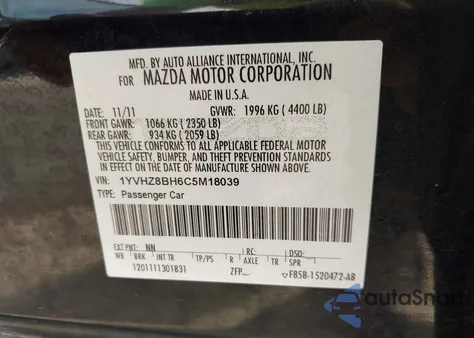 2012 Mazda Mazda6 I Sport z USA, uszkodzony, nr VIN 1YVHZ8BH6C5M18039